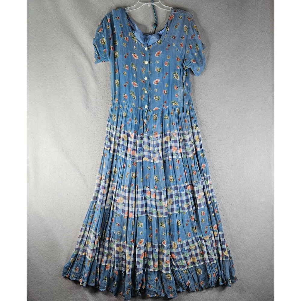 Vintage Bila Dress Womens Large Blue Floral Boho Maxi India Kaufmanns 90s Rayon